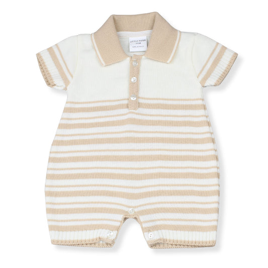 Striped baby romper with beige and white colors on a white background