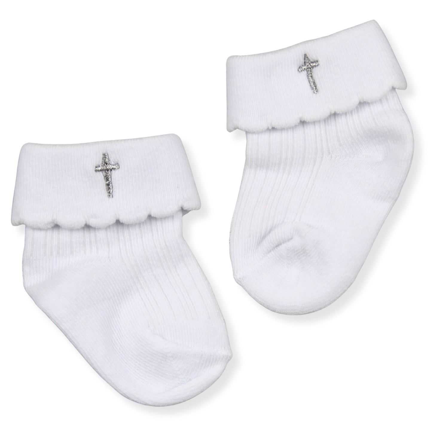 White baby socks with cross designs on a white background