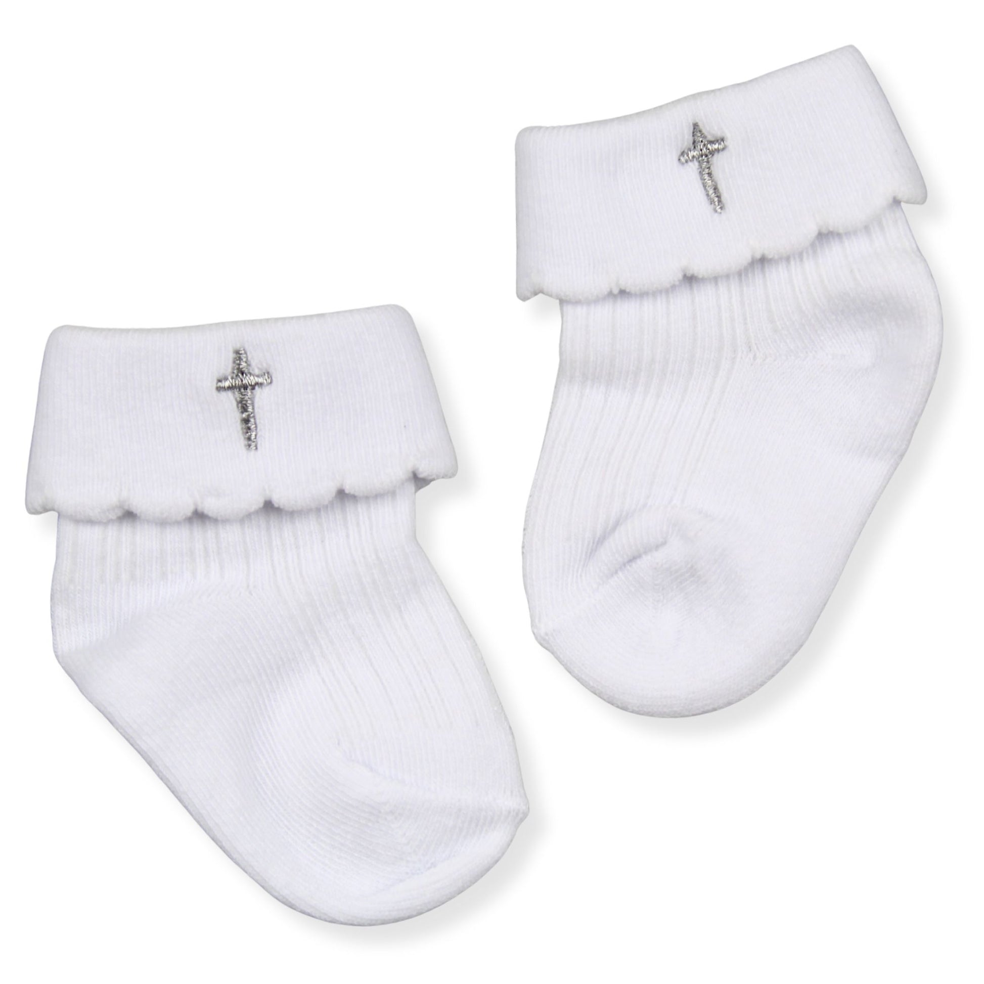 White baby socks with cross designs on a white background