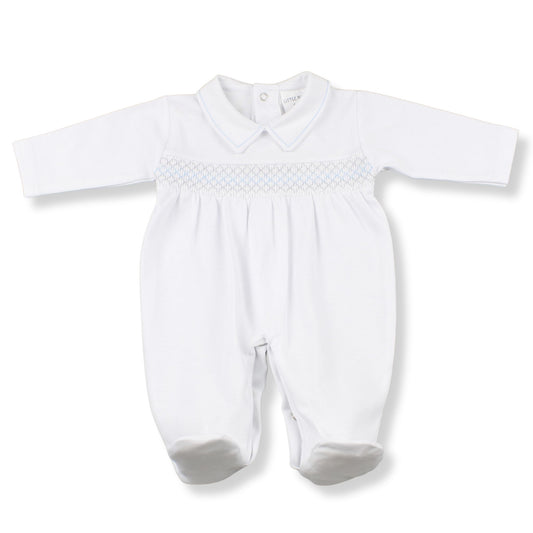 Little Nosh White & Blue Smocked Babygrow – Designed in the UK, Made in Portugal