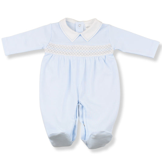 Little Nosh Blue & White Smocked Babygrow – Designed in the UK, Made in Portugal