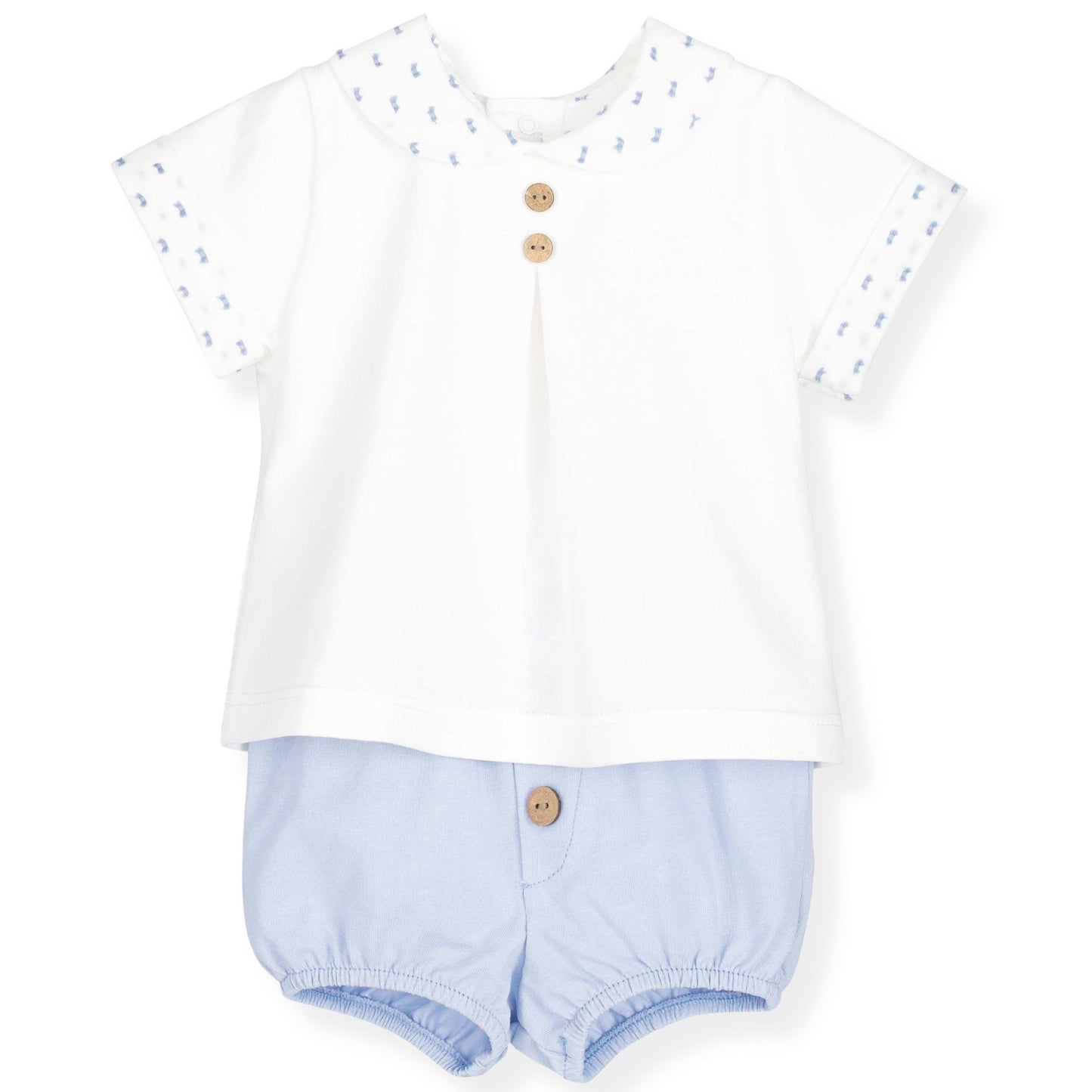 Baby outfit with white shirt and light blue bloomers on a white background