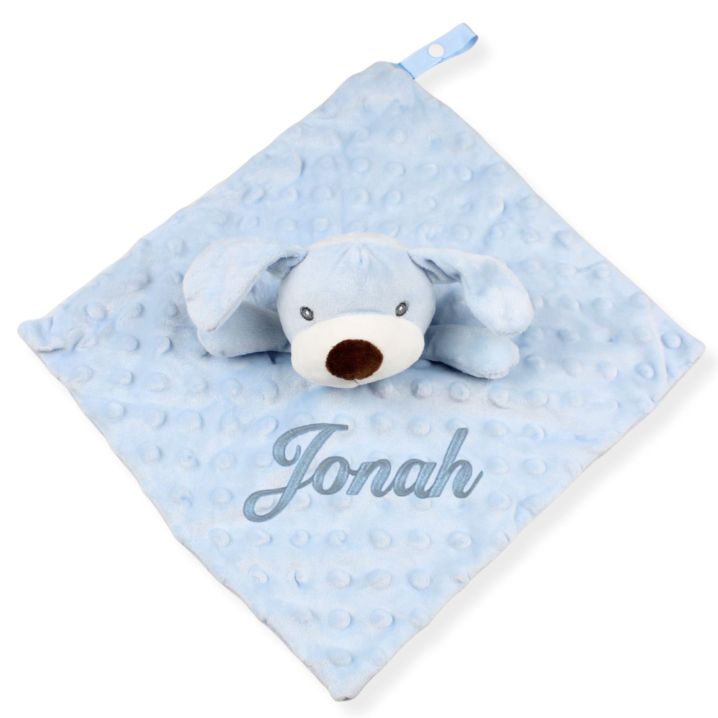 personalised baby boys blue puppy comforter on a white background