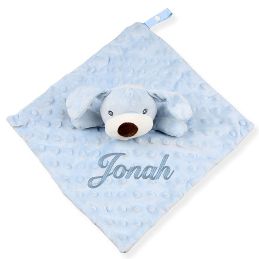 personalised baby boys blue puppy comforter on a white background