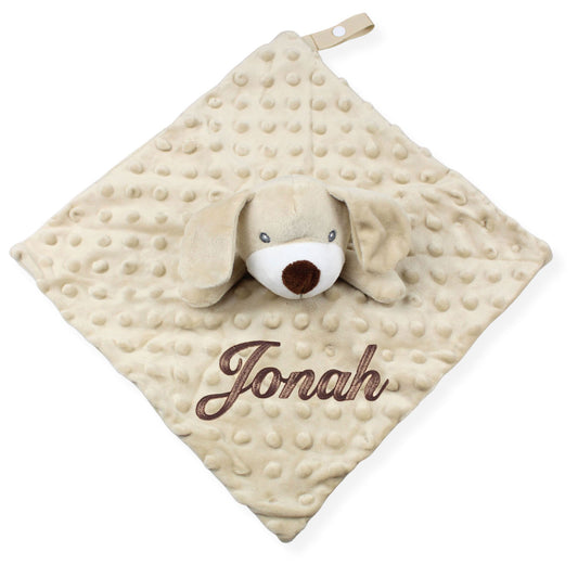 Beige plush dog toy with 'Jonah' embroidered on a white background