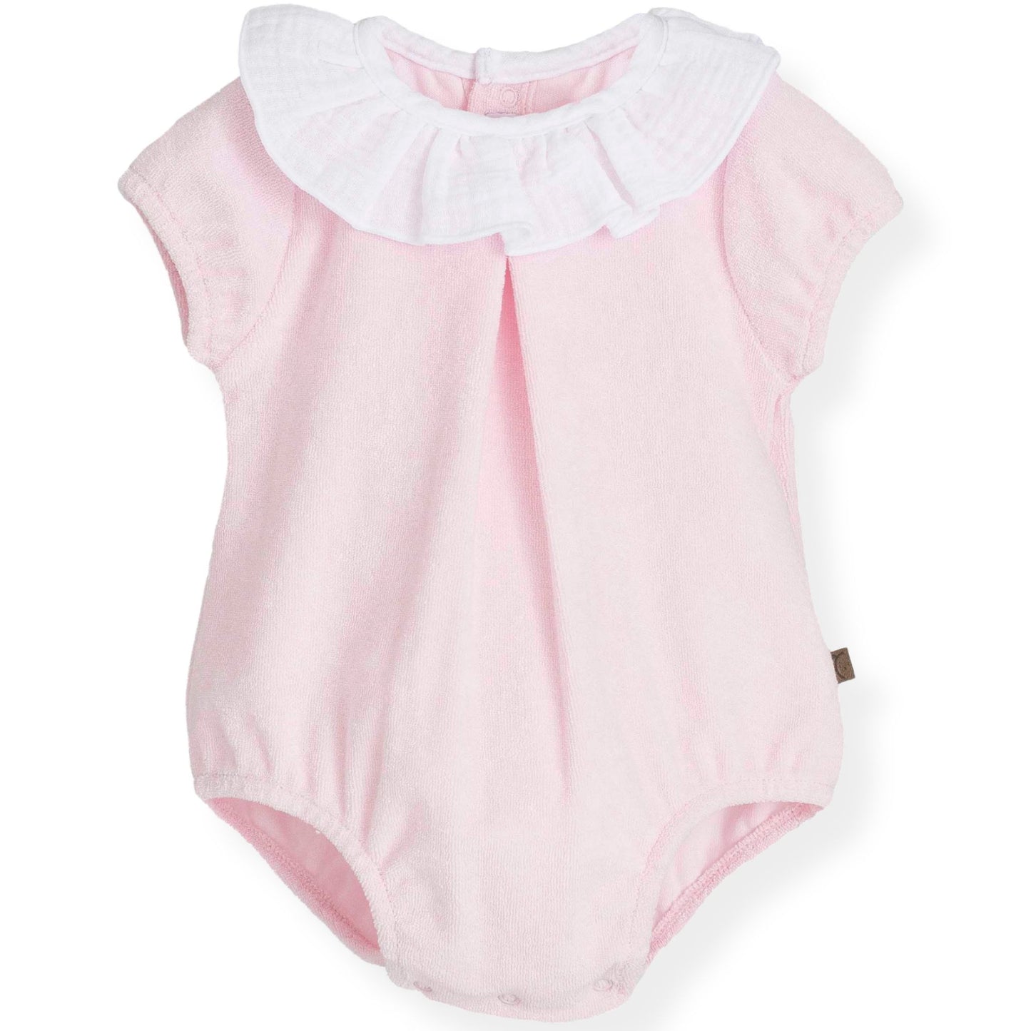Pink baby romper with white collar on a white background