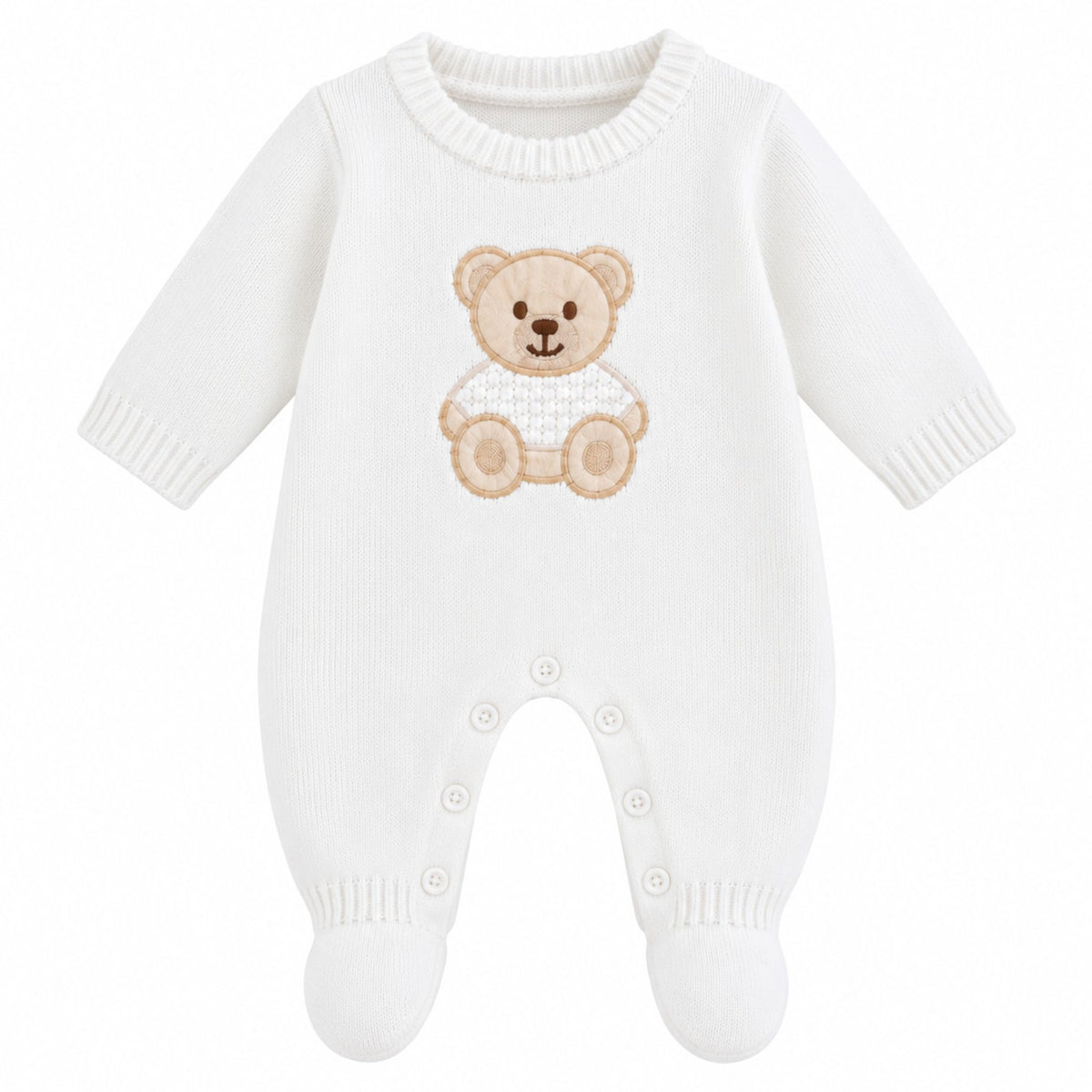 Kleo Kids white knitted unisex baby footed romper with teddy bear motif