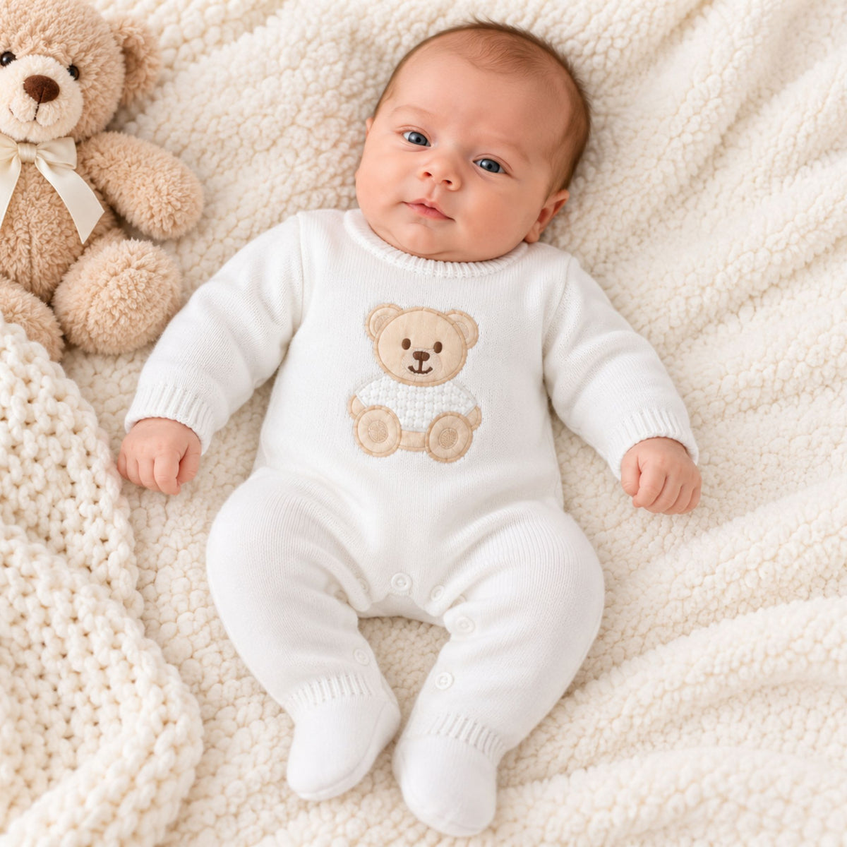Kleo Kids white knitted unisex baby footed romper with teddy bear motif