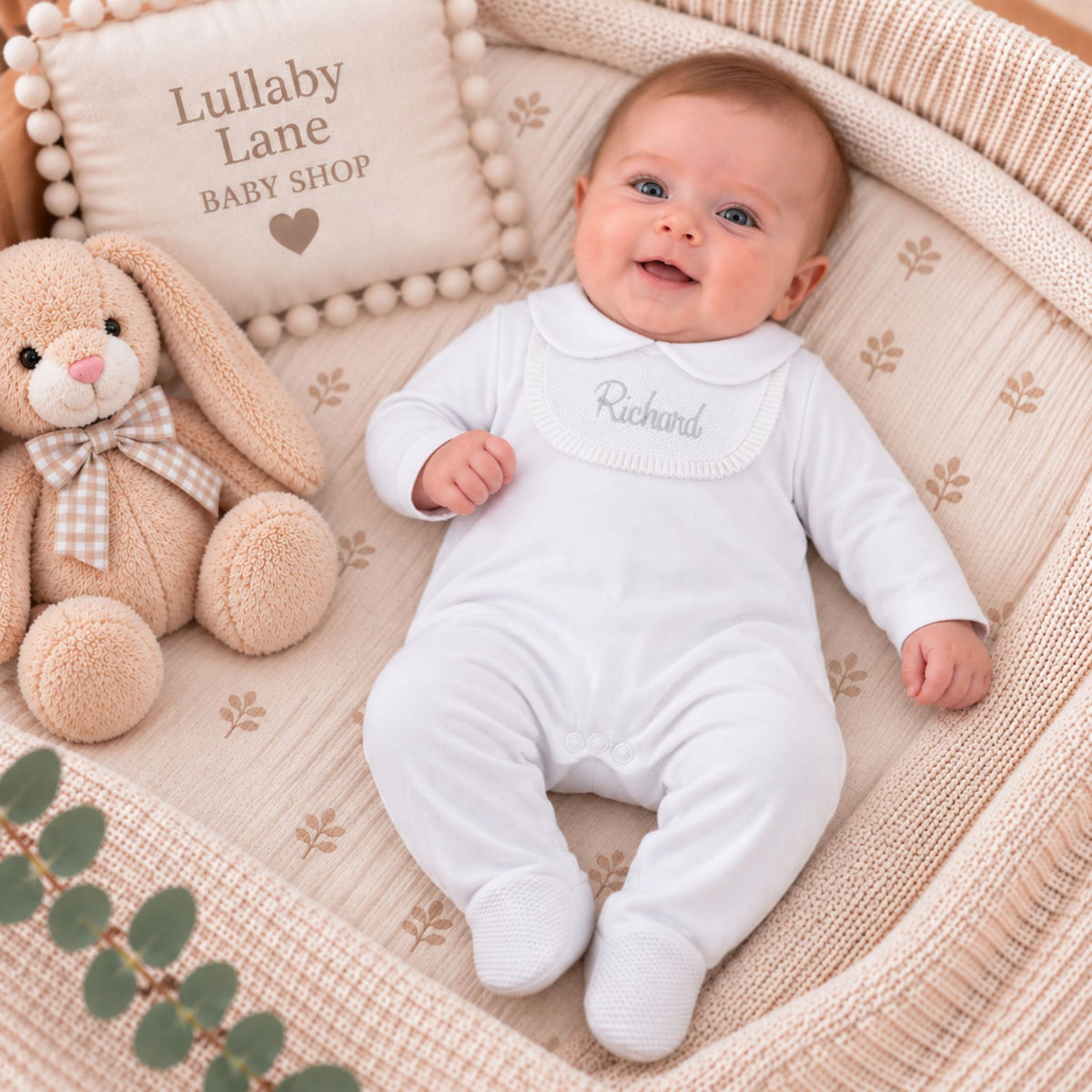 Personalised White Baby Sleepsuit with White Bib Detail | Made in Portugal