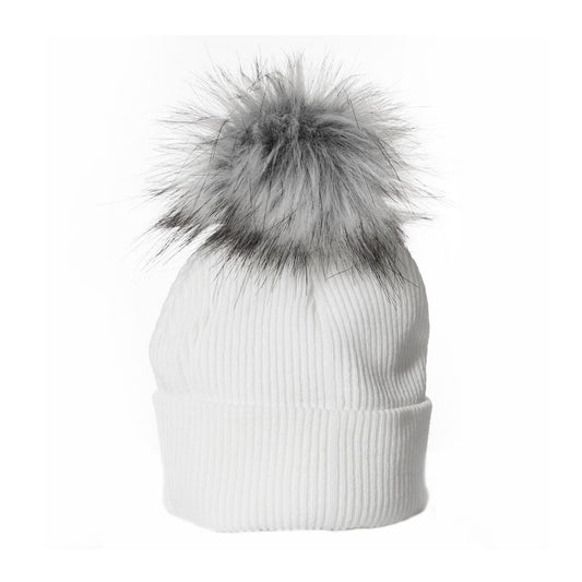 White beanie with a gray fur pom-pom on a white background