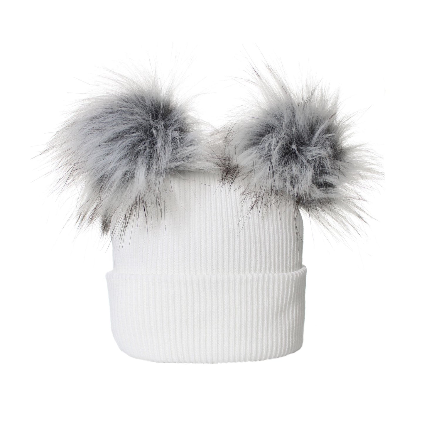 White knit beanie with gray faux fur pom-poms on a white background