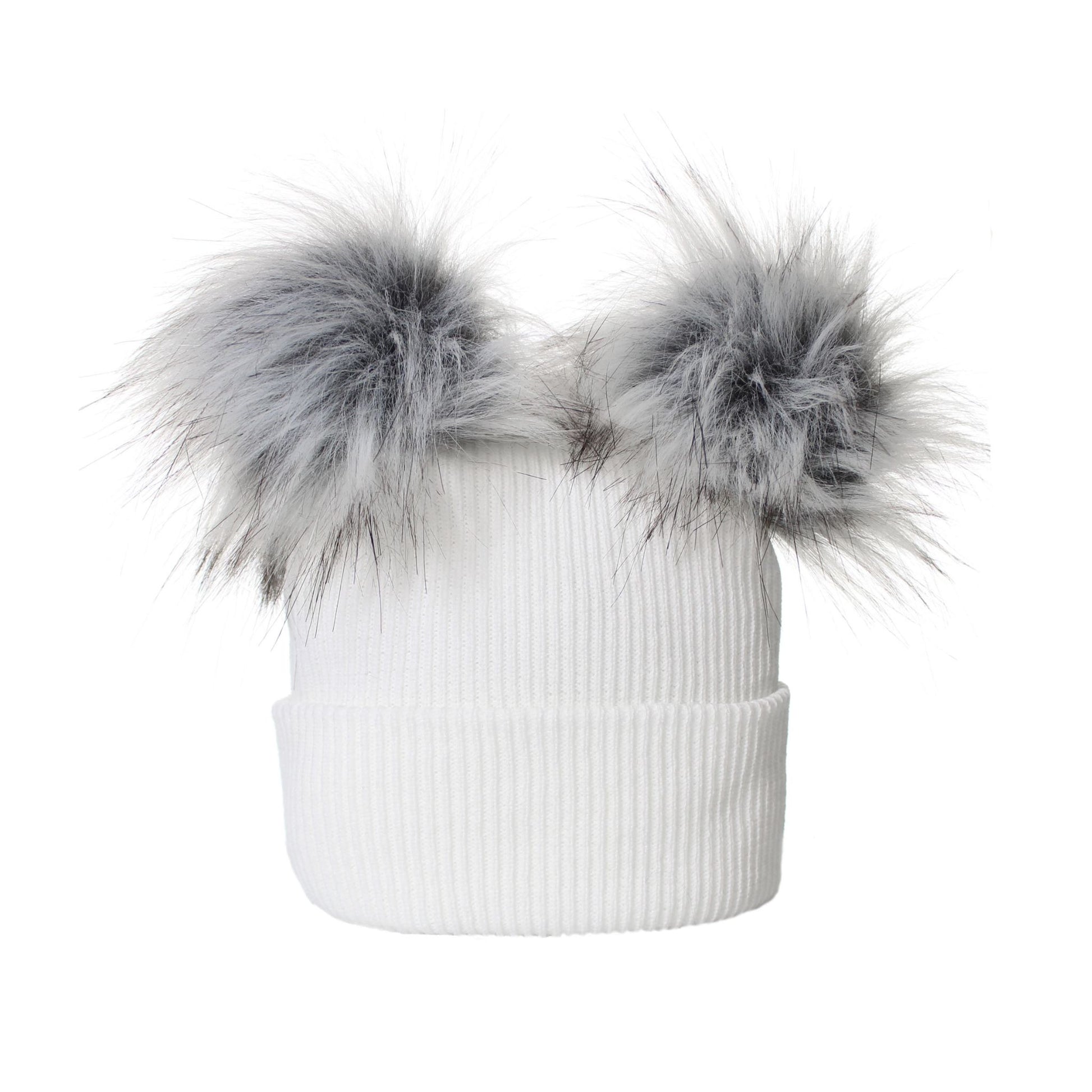 White knit beanie with gray faux fur pom-poms on a white background