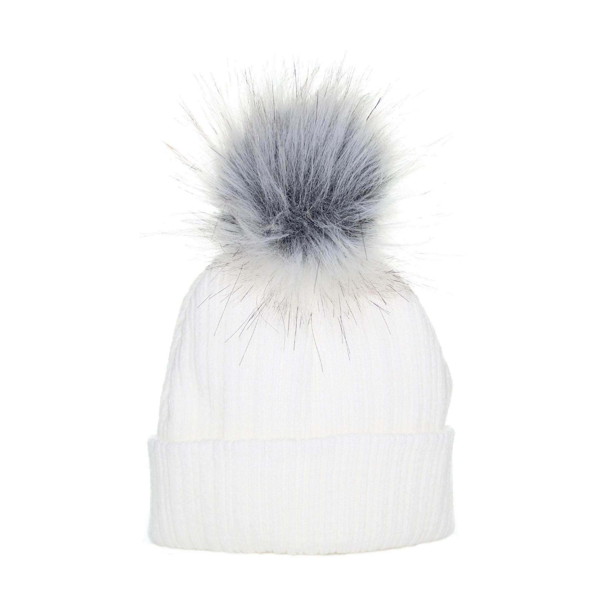 White beanie with a large gray faux fur pom-pom on a white background