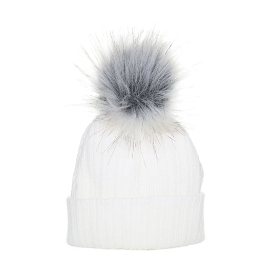 White beanie with a large gray faux fur pom-pom on a white background
