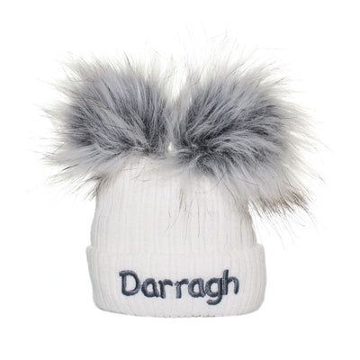 Personalised Baby Double Pom Pom Hat with Grey Faux Fur Poms