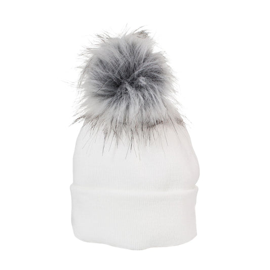 White beanie with a gray fur pom-pom on a white background