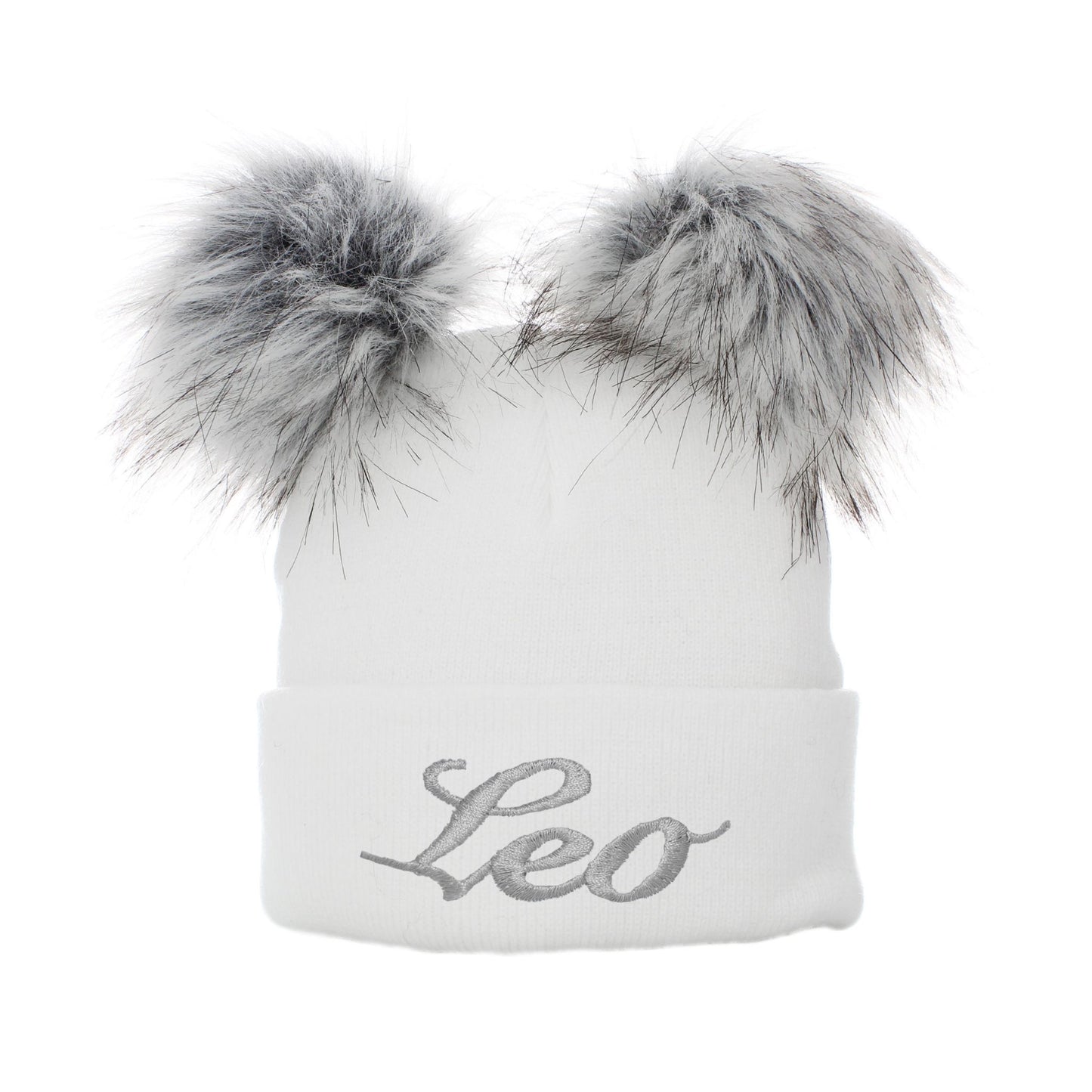 White beanie with gray fur pom-poms and 'Leo' embroidery on a white background
