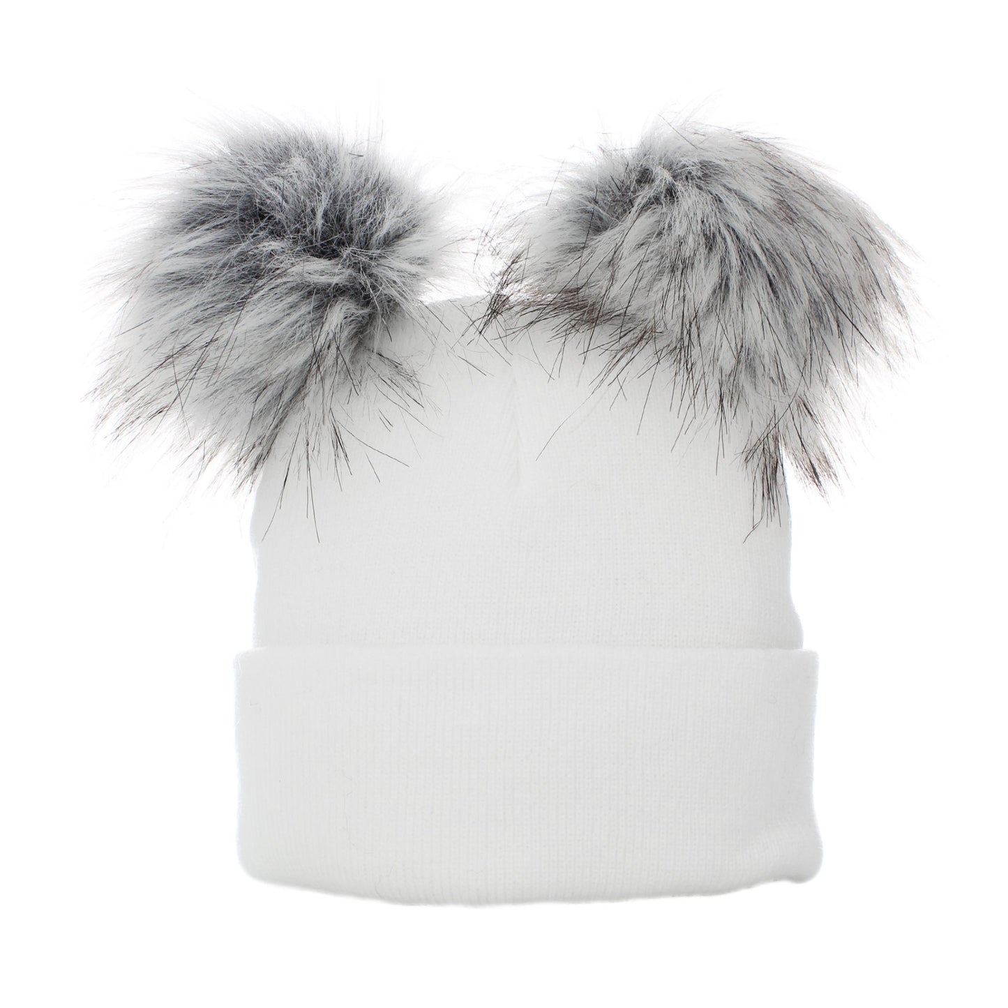 White beanie with large gray faux fur pom-poms on a white background