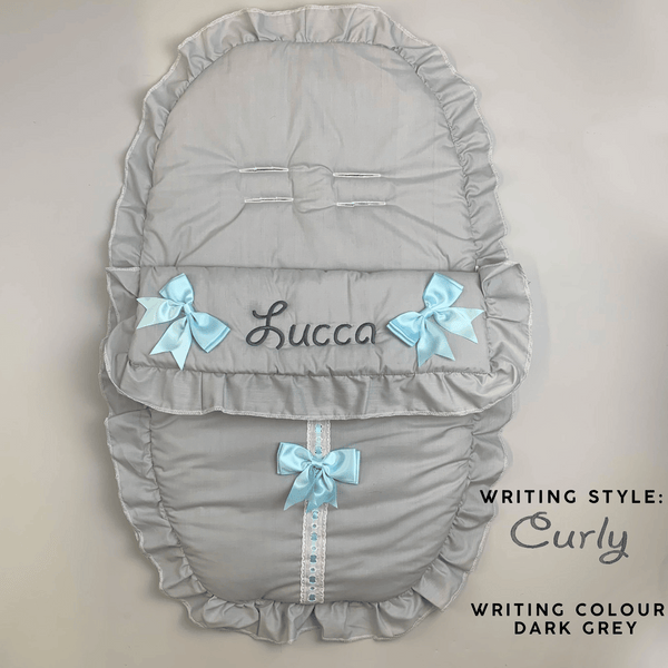 Personalised Grey Car Seat Cosy Toes / Footmuff with Blue Bows