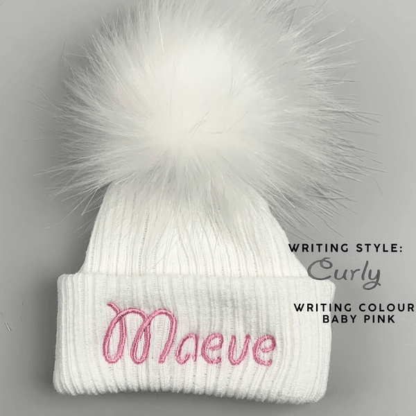 Personalised Baby Hat - Pastel White With White Fur Pom