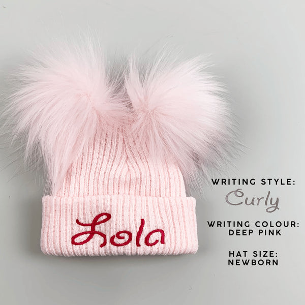 Personalised Double Pom Pink Baby Hat - Pastel Pink