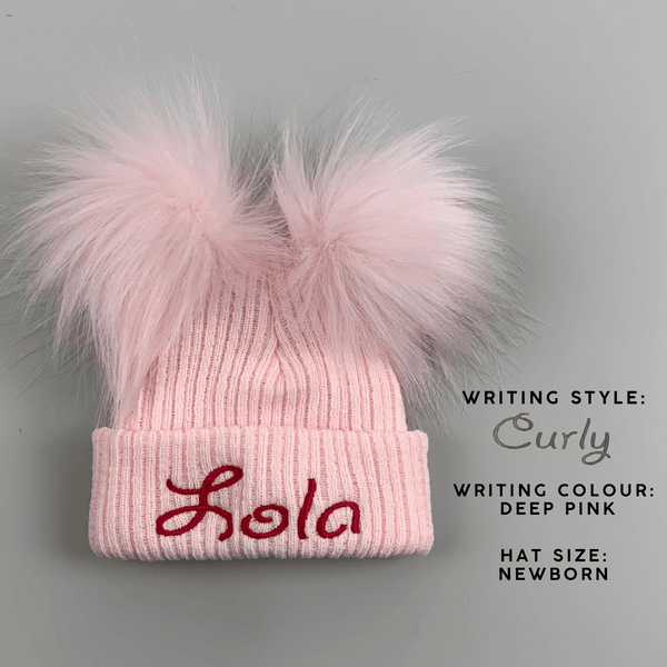 Personalised Double Pom Pink Baby Hat - Pastel Pink