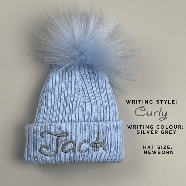 Personalised Baby Hat - Pastel Blue With Blue Fur Pom