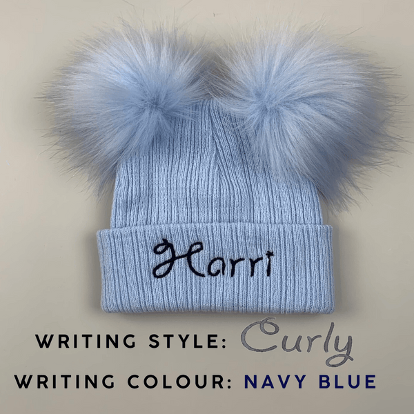 Personalised Baby Pom Hat - Double Pom - Blue