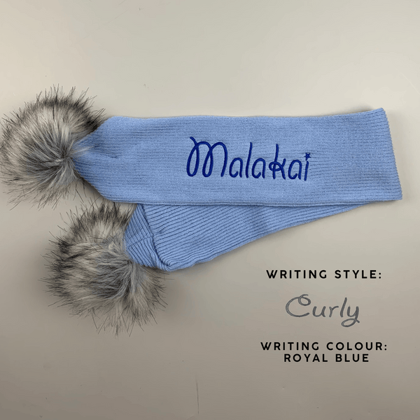 Personalised Baby Scarf Baby Blue with Faux Fur pom poms