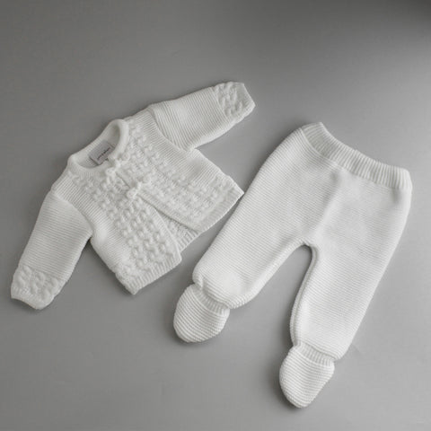  baby knitted two piece outfit unisex white