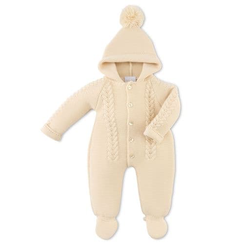 Beige Knitted Baby All In One Pramsuit- With Hood