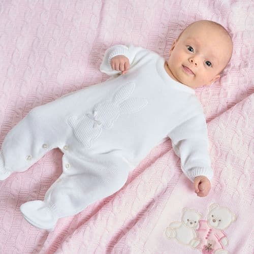 Unisex Baby All In One with Bunny - Knitted Outfit in White