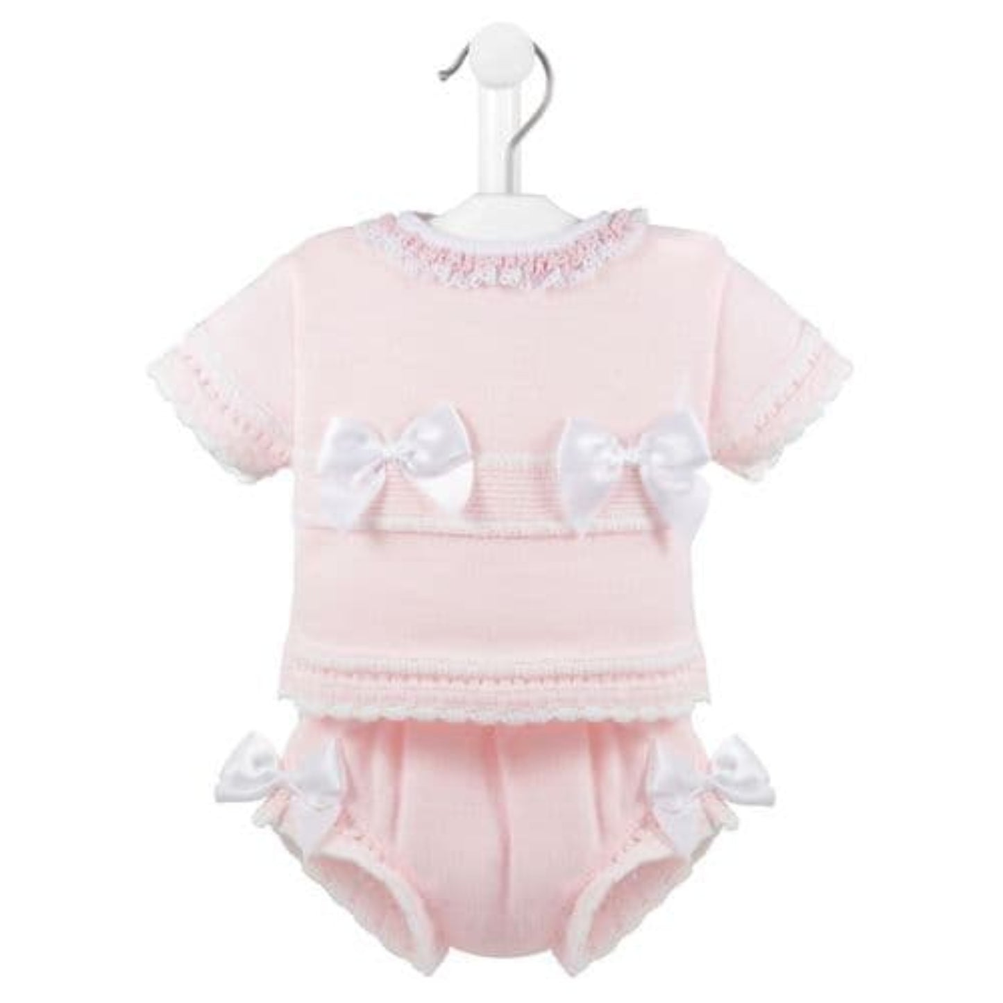 Baby Girl Knitted Outfit -Knitted Top and Bloomers Pink White Satin Bows