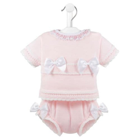 Baby Girl Knitted Outfit -Knitted Top and Bloomers Pink White Satin Bows