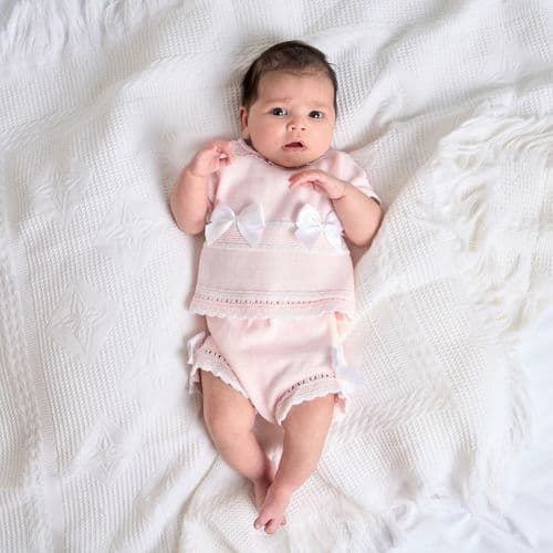 Baby Girl Knitted Outfit - Knitted Top and Bloomers Pink White Satin Bows