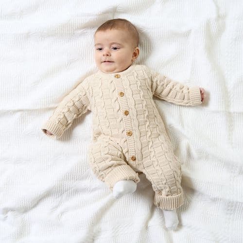 Beige Baby Unisex Cable Knitted Onesie