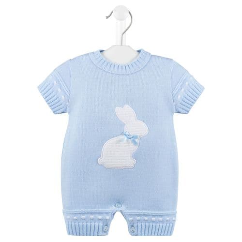 Light blue baby romper with bunny design on a white background