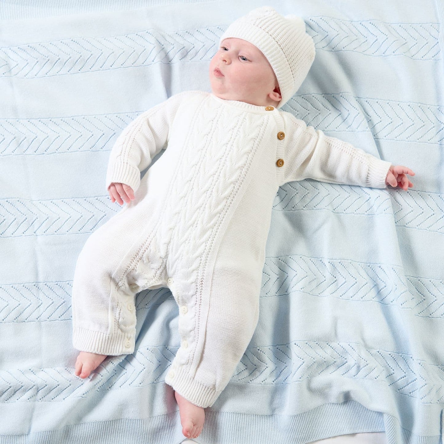 White Knitted Baby Romper & Hat Set with Wooden Buttons