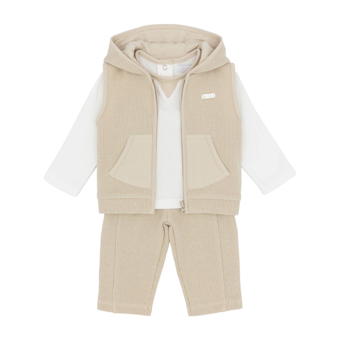 Amore baby boys beige three-piece outfit with white top knitted hooded gilet and matching trousers
