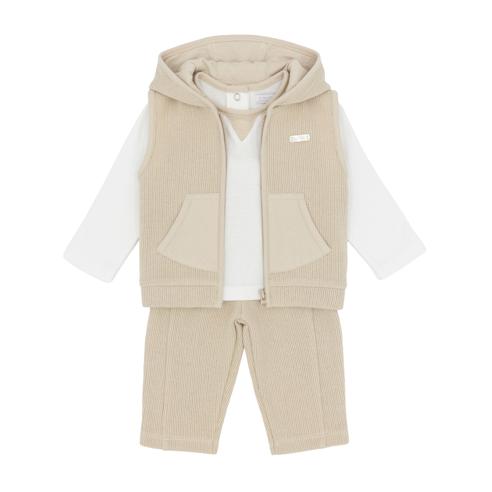 Amore baby boys beige three-piece outfit with white top knitted hooded gilet and matching trousers