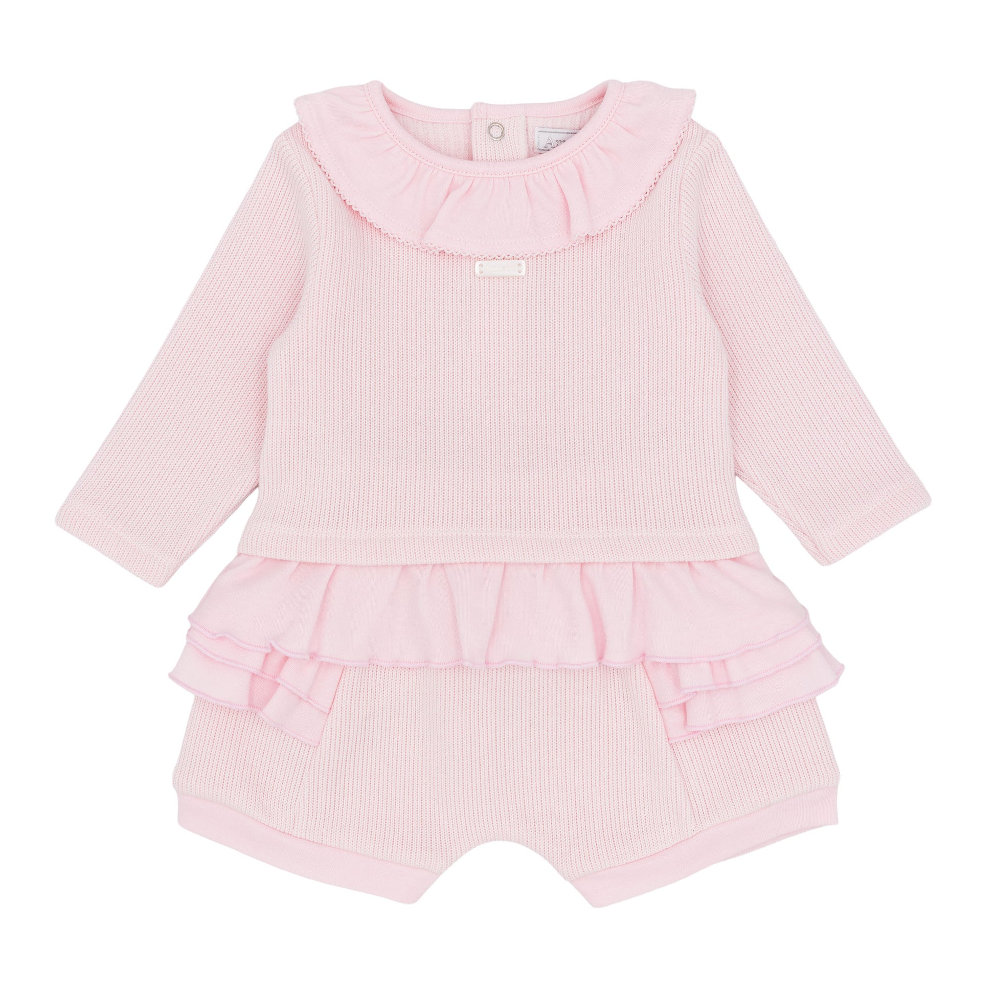Amore baby girls pink knitted two-piece outfit with frilled collar ruffle top and matching shorts