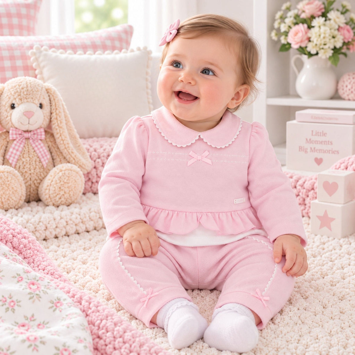A baby girl wearing a pink two-piece outfit with a ruffled Peter Pan collar and bow details, sitting on a cozy cream knit blanket in a decorated nursery setting.