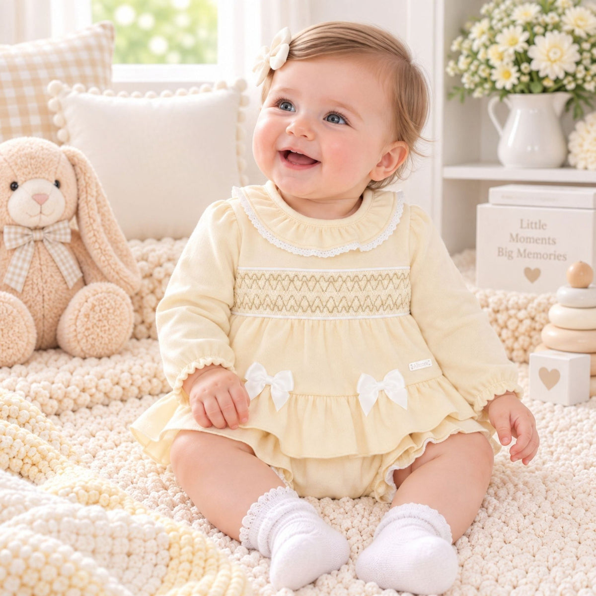 baby girls beige 2 piece outfit with smocking by amore