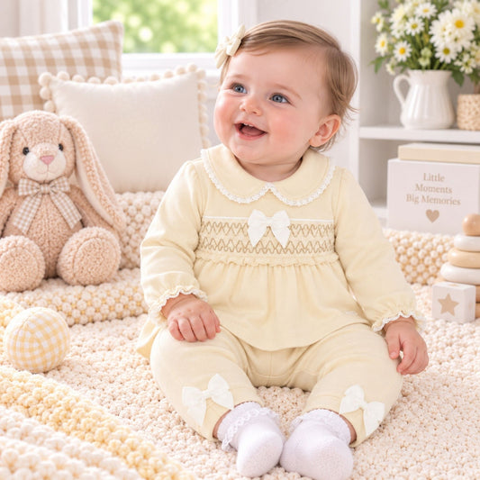 A baby girl sitting on a cozy cream knit blanket in a bright nursery, wearing a pale yellow long-sleeve romper with white lace trim, a white bow at the chest, and white bows on the legs, paired with white socks.