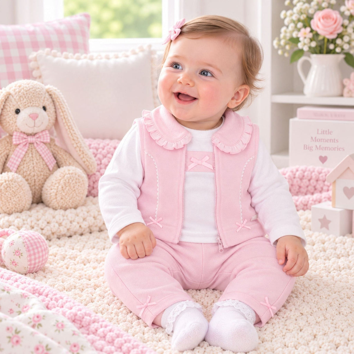 A baby girl sitting on a cream knit blanket in a nursery, wearing a light pink vest and matching pink pants over a white long-sleeve shirt. She has a pink bow in her hair, with a plush bunny toy, pillows, and a book in the background.