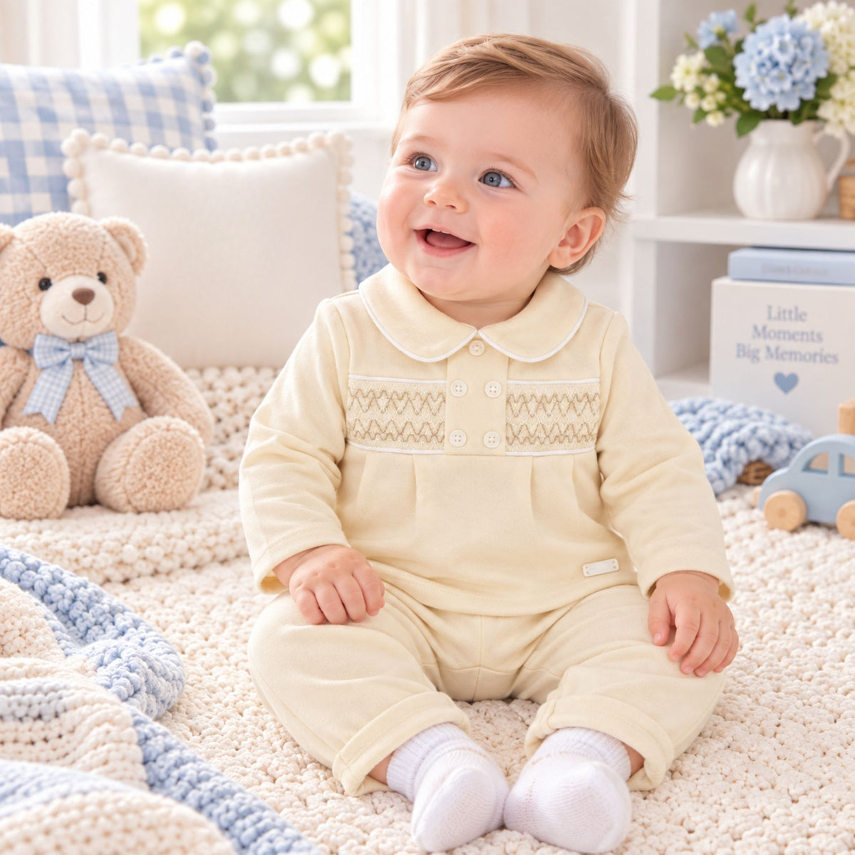 baby boy beige 2 piece outfit with smocking