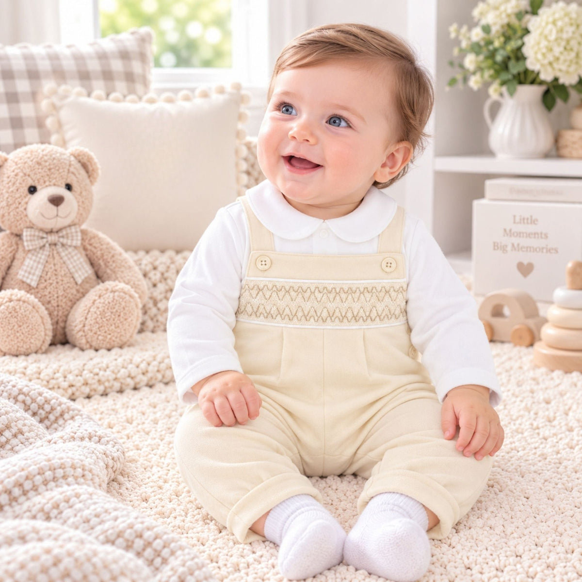 A baby sitting on a cream knit blanket in a bright nursery, wearing a cream corduroy overall romper over a white long-sleeve top. The scene includes a plush teddy bear, pillows, and wooden toys.