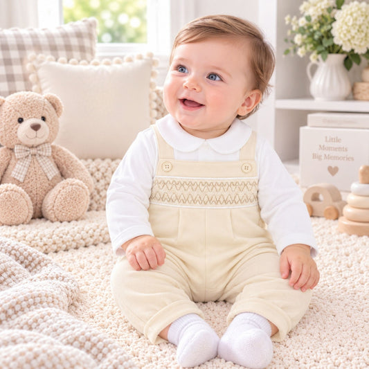 A baby sitting on a cream knit blanket in a bright nursery, wearing a cream corduroy overall romper over a white long-sleeve top. The scene includes a plush teddy bear, pillows, and wooden toys.