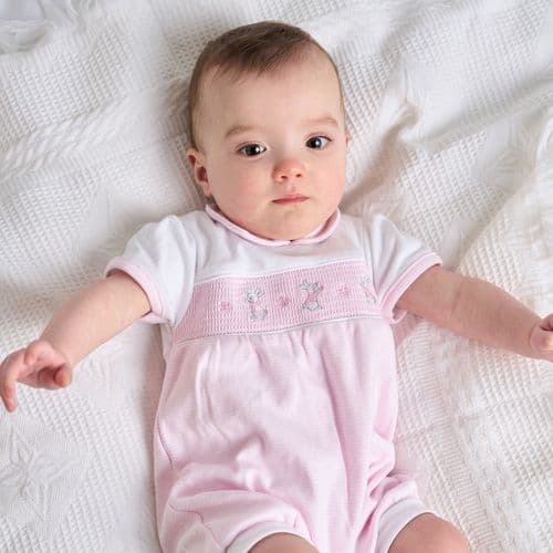 Dandelion Baby Girls Pink & White Romper – Smocked with Bunny Embroidery
