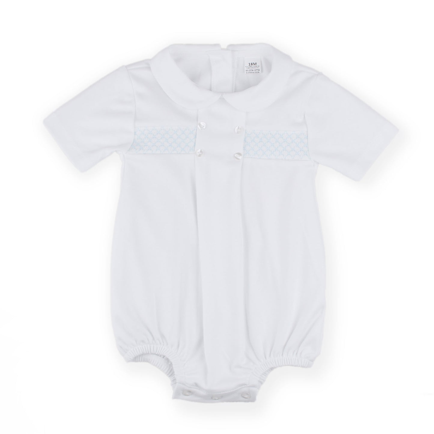 White baby romper with blue smocking on a white background